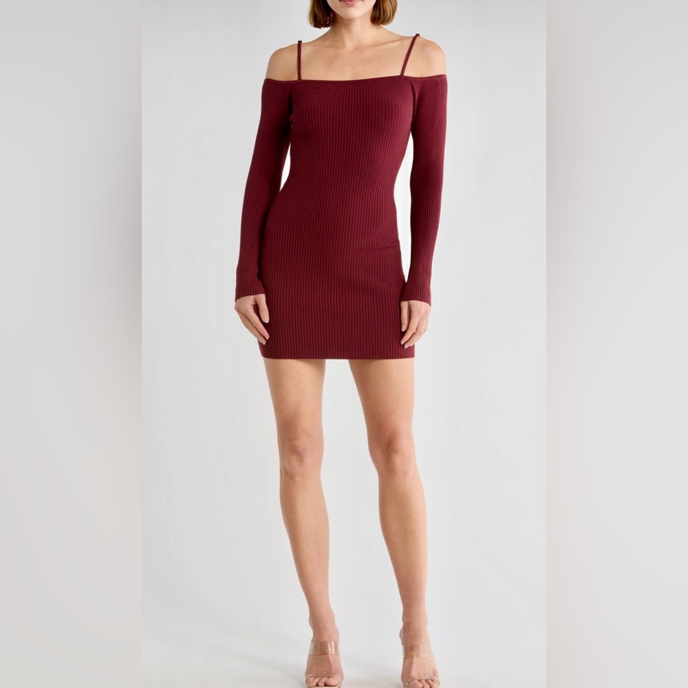 NWT Good‎ American Virgo Burgundy Long Sleeve Rib Sweater Cold Shoulder Dress-2x